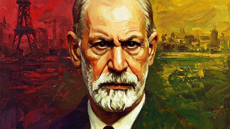 Pintura a óleo expressiva de Freud, destacando a intensidade de sua obra 'O Mal-Estar na Civilização'