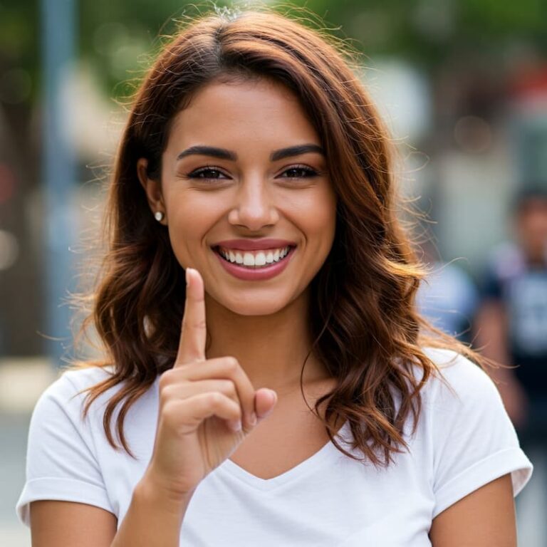 Mulher sorrindo e negando com o dedo indicador, expressão amigável e assertiva.