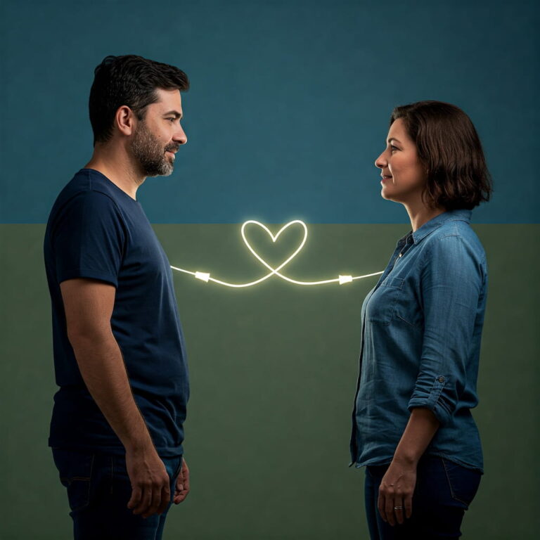 Duas pessoas em conversa respeitosa, conectadas por luz dourada