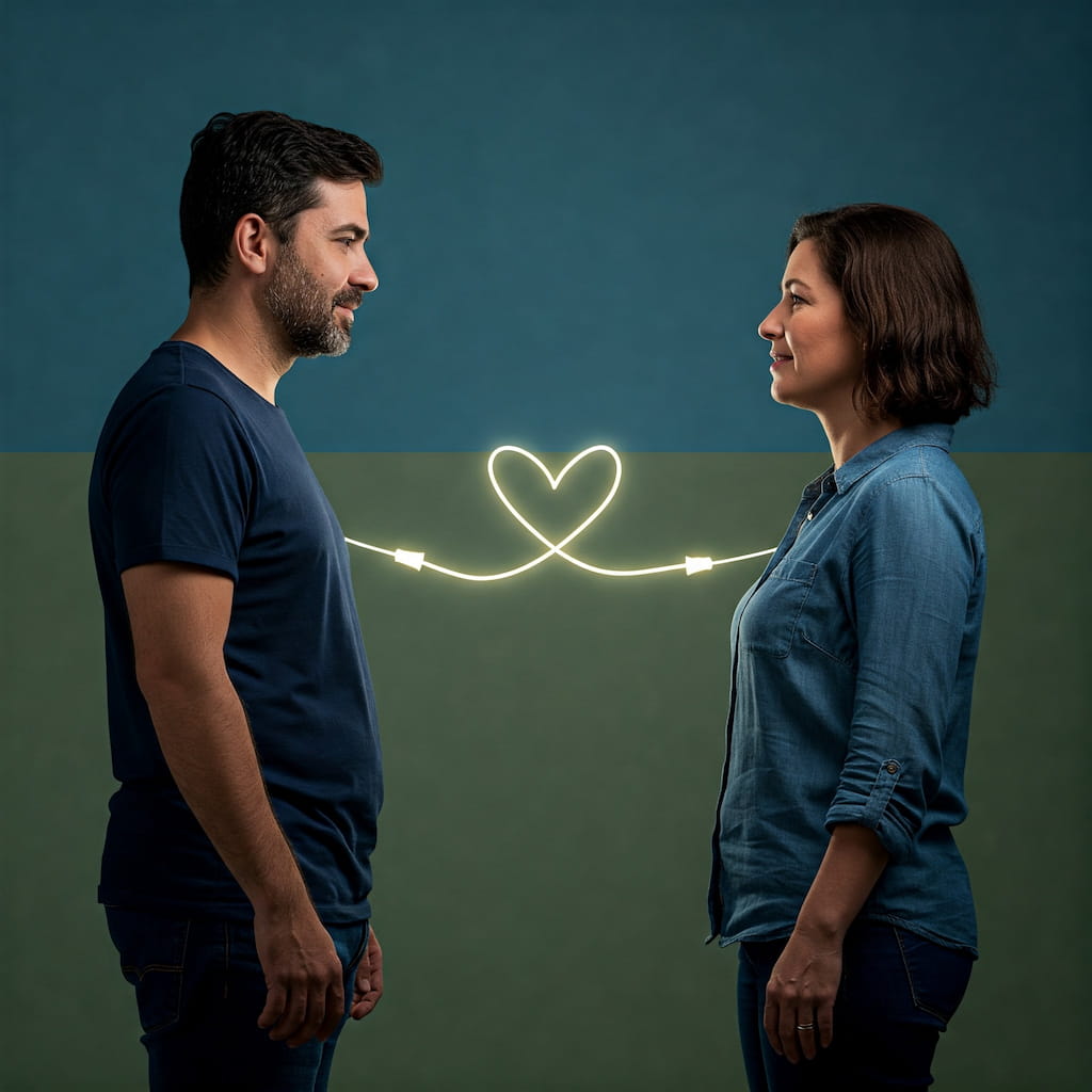 Duas pessoas em conversa respeitosa, conectadas por luz dourada