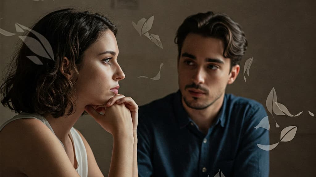 Cena cinematográfica: homem bonito ouvindo atentamente mulher linda, captando emoções não ditas representadas por elementos etéreos.