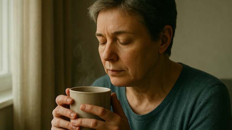 Foto realista de uma pessoa pensativa segurando uma caneca de chá quente perto da janela, simbolizando o processo de 'digerir' emoções difíceis e resignificar experiências para a cura.