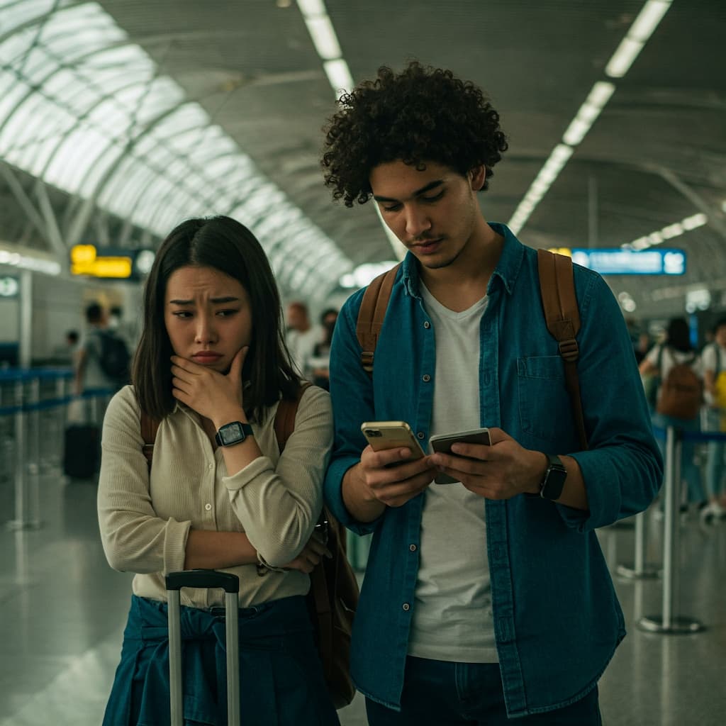 Foto realista de um casal em casa, onde um parceiro expressa ciúme/raiva intensa enquanto o outro está calmo, ilustrando a projeção de conflitos internos no relacionamento.