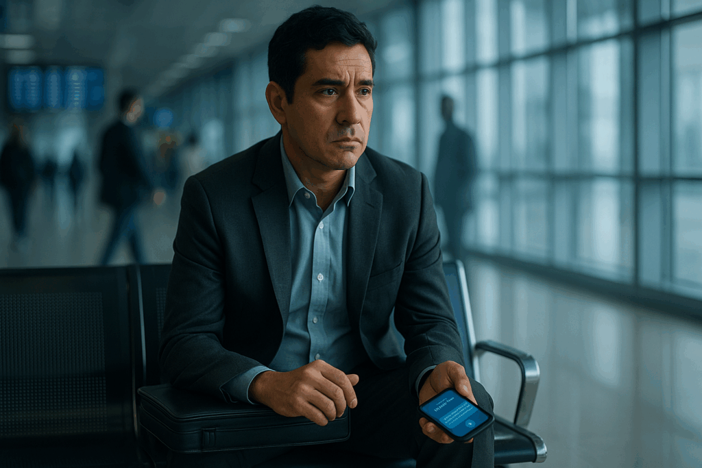 Homem pensativo em aeroporto diante de dilema profissional