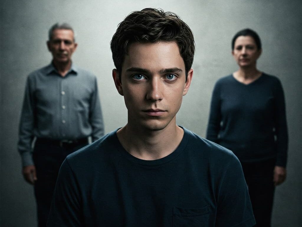 Gravura de adulto se voltando para parceiro(a), deixando pais humanizados no passado, simbolizando libertação.