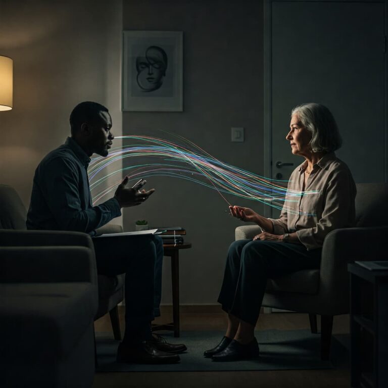 Pintura a óleo de homem negro bonito e mulher madura em sessão terapêutica, com fios de luz simbolizando metáforas curativas.
