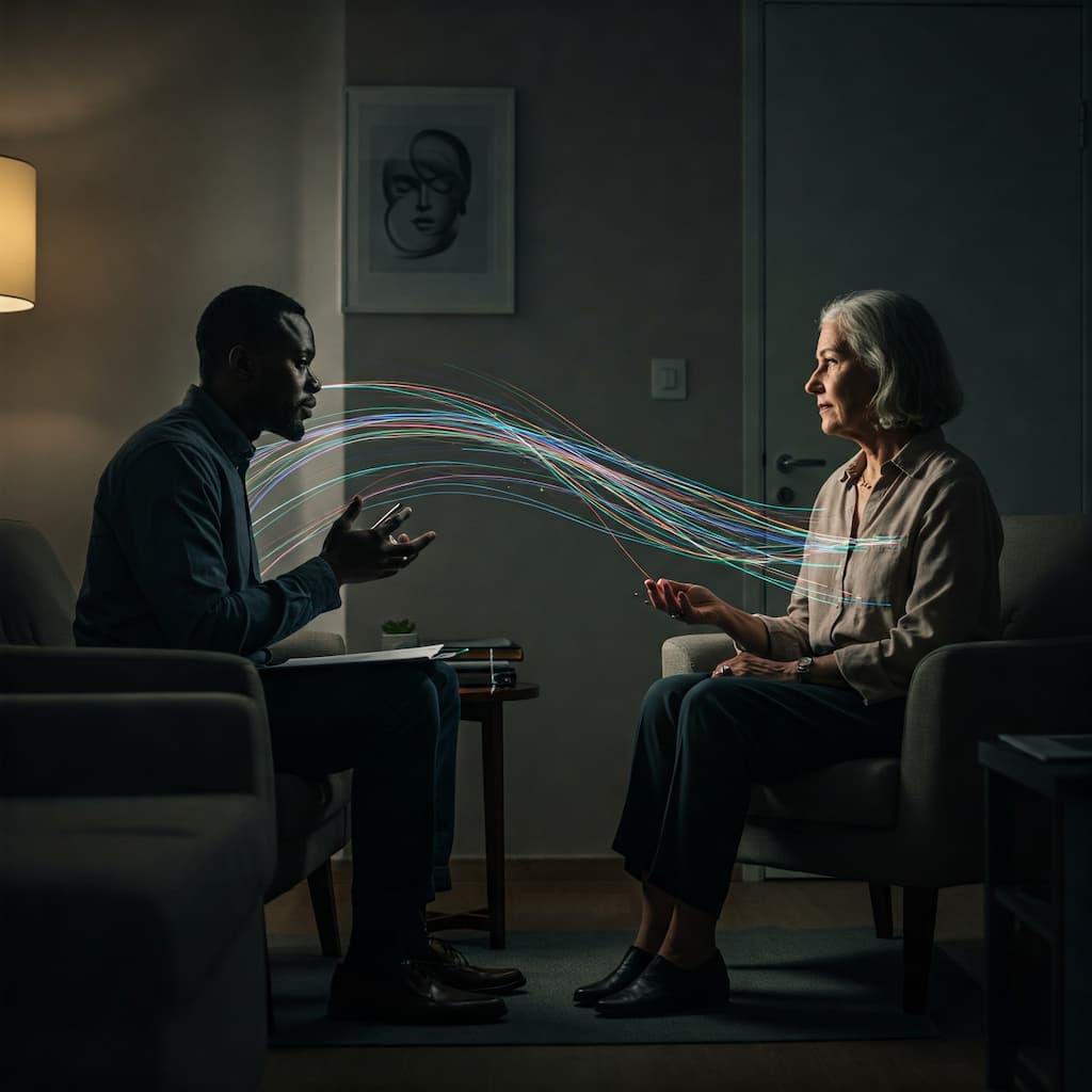 Pintura a óleo de homem negro bonito e mulher madura em sessão terapêutica, com fios de luz simbolizando metáforas curativas.