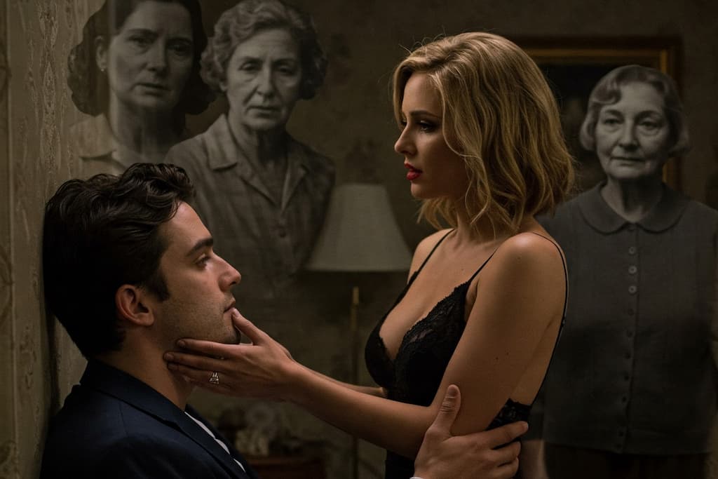 Cena cinematográfica: mulher loira bonita com parceiro desdenhoso e fantasmas parentais, simbolizando repetição de padrões.