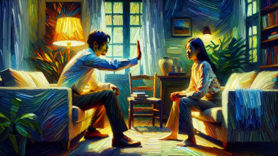 magem fotorrealista no estilo Van Gogh mostrando duas pessoas em uma sala de estar, estabelecendo limites em uma conversa emocional.