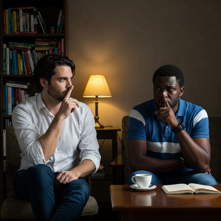 Fotorrealismo: Homem bem vestido se distancia silenciosamente, enquanto homem negro expressa frustração pela falta de engajamento.