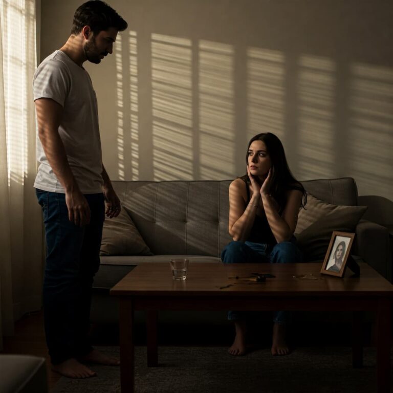 casal em sala com mesa quebrada e tensão silenciosa