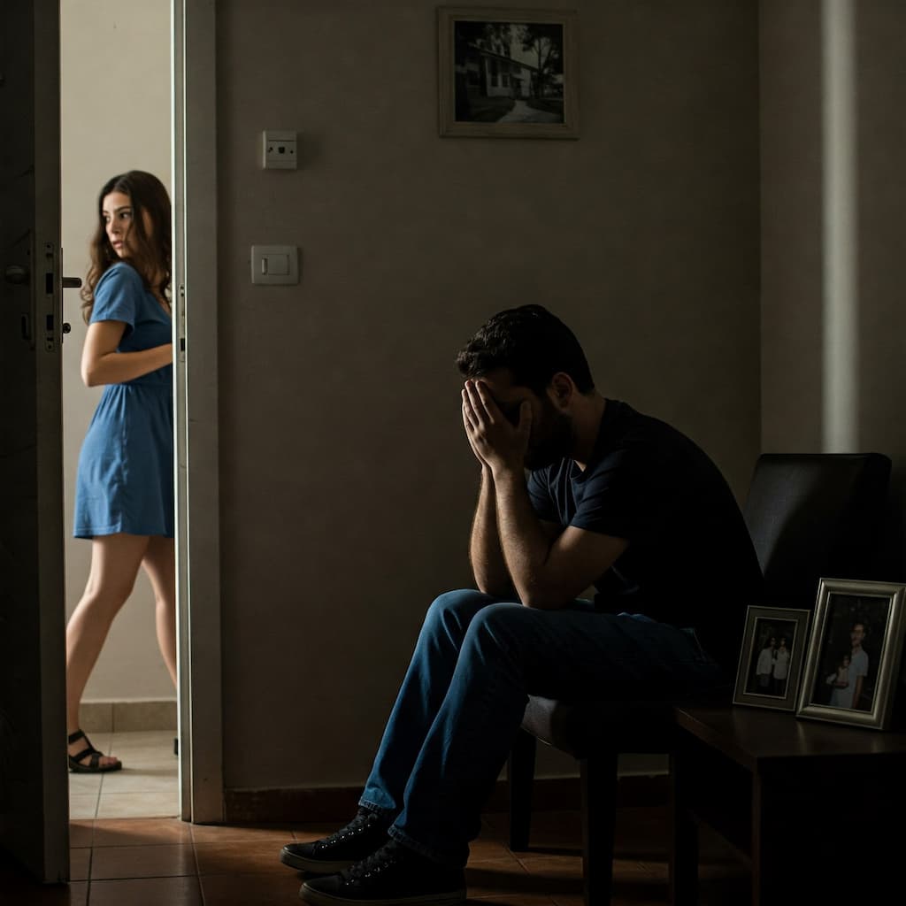 homem triste sentado em sala enquanto mulher sai pela porta