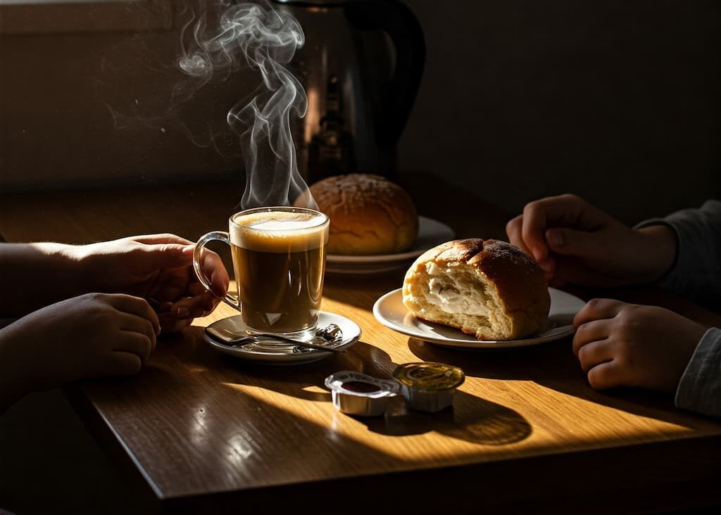 Mesa de café da manhã iluminada, destacando pequenos gestos de afeto no dia a dia.