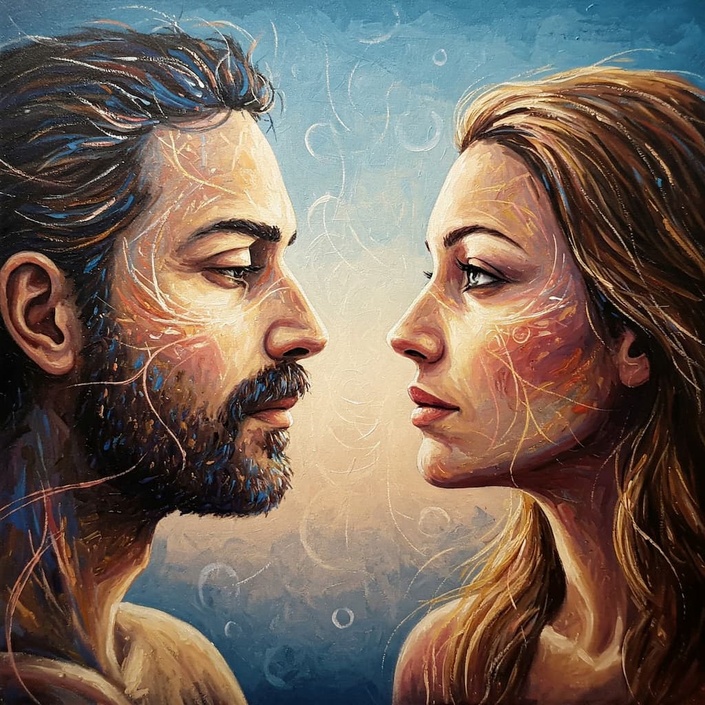 Pintura a óleo de homem e mulher de perfil, com detalhes artísticos e atmosfera emocional.