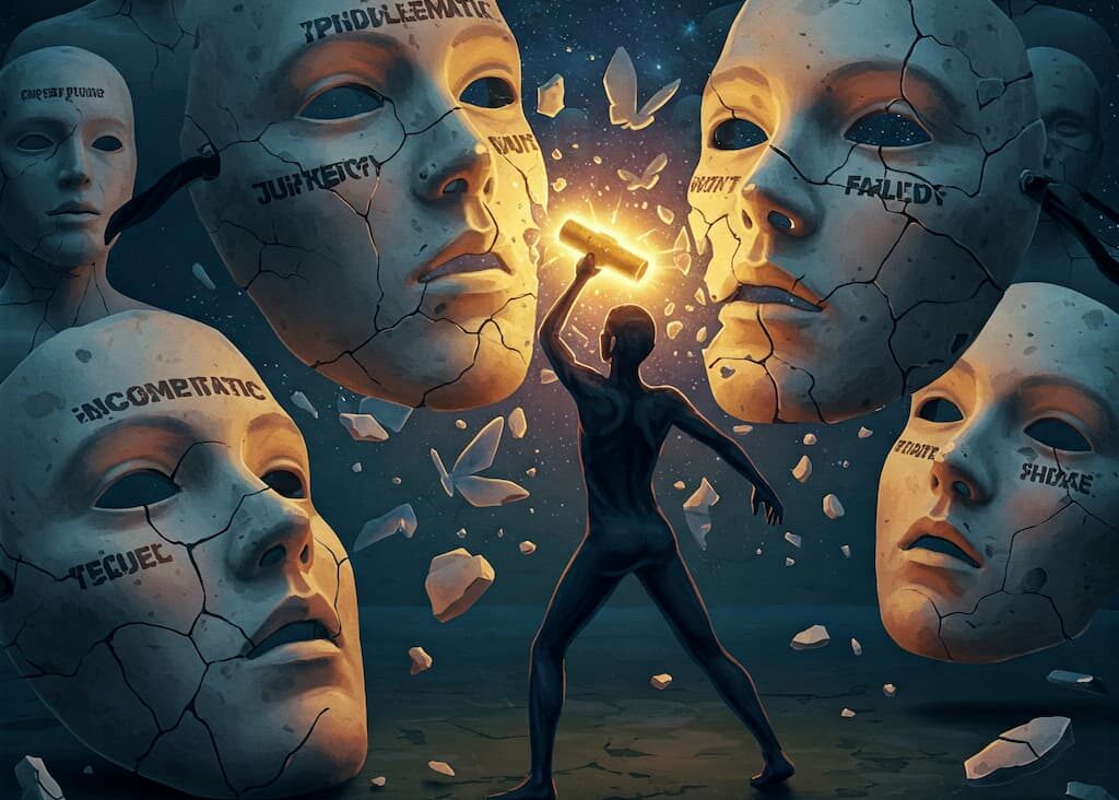 Pessoa quebrando máscaras sociais que representam rótulos opressivos.