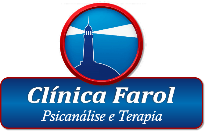 Logotipo da Clínica Farol Psicanálise e Terapia apresentando um farol iluminado dentro de um círculo vermelho sobre um fundo azul.