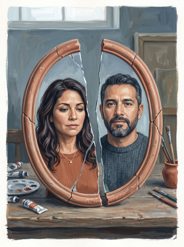 Ilustração de espelho oval partido ao meio refletindo rosto de mulher e homem latinos