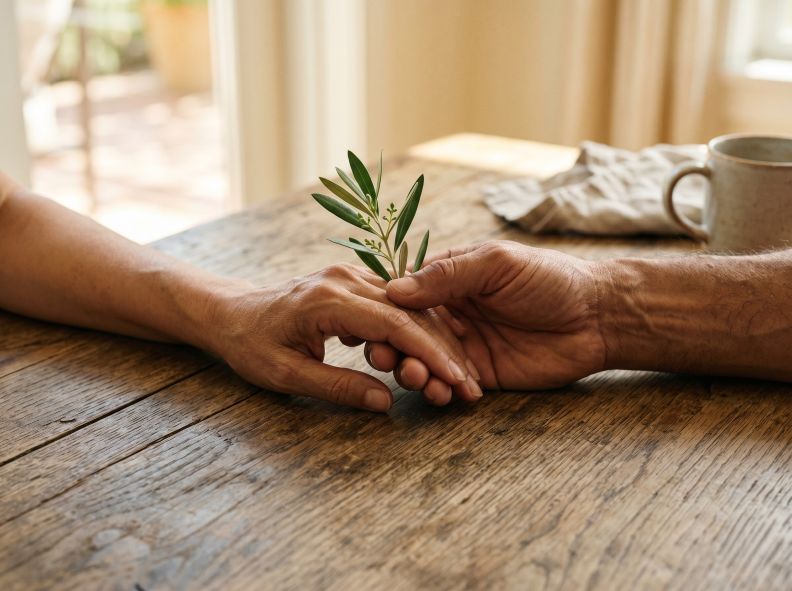 Mãos latinas maduras entrelaçadas sobre mesa rústica segurando um broto verde