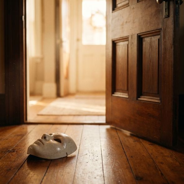 Máscara teatral branca rachada no chão com porta entreaberta e luz dourada ao fundo