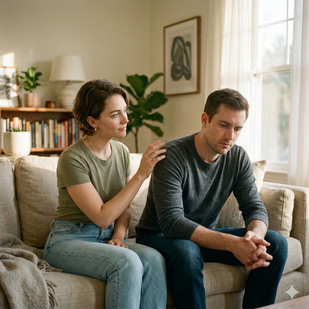 Casal sentado em sofá iluminado por luz dourada; ela olha para ele com presença acolhedora enquanto ele demonstra abatimento