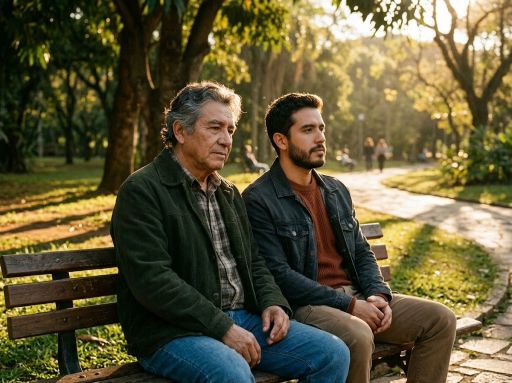 Dois homens latinos, gerações diferentes, sentados lado a lado com ombros encostados em luz de fim de tarde