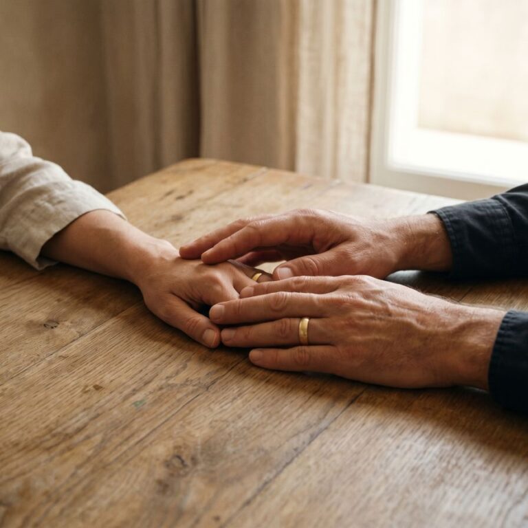 Mãos latinas maduras sobrepostas sobre mesa simples com luz da manhã ao fundo