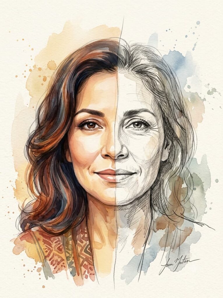 Ilustração em aquarela de rosto feminino latino dividido entre retrato idealizado e esboço inacabado