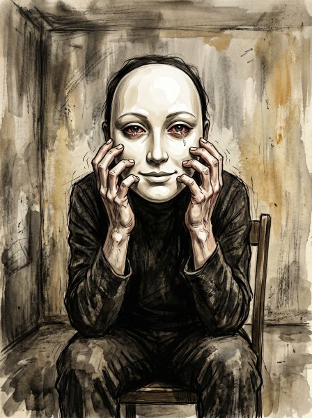 Ilustração expressionista de figura humana segurando máscara serena diante do rosto enquanto olhos tensos espreitam por trás