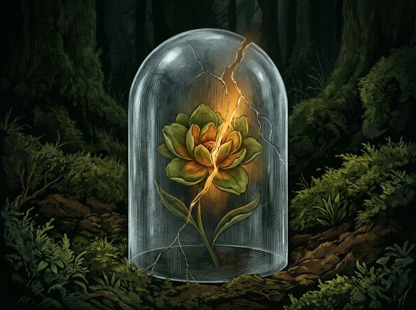 Ilustração de flor abrindo dentro de redoma de vidro rachada com luz entrando pela fresta em fundo escuro