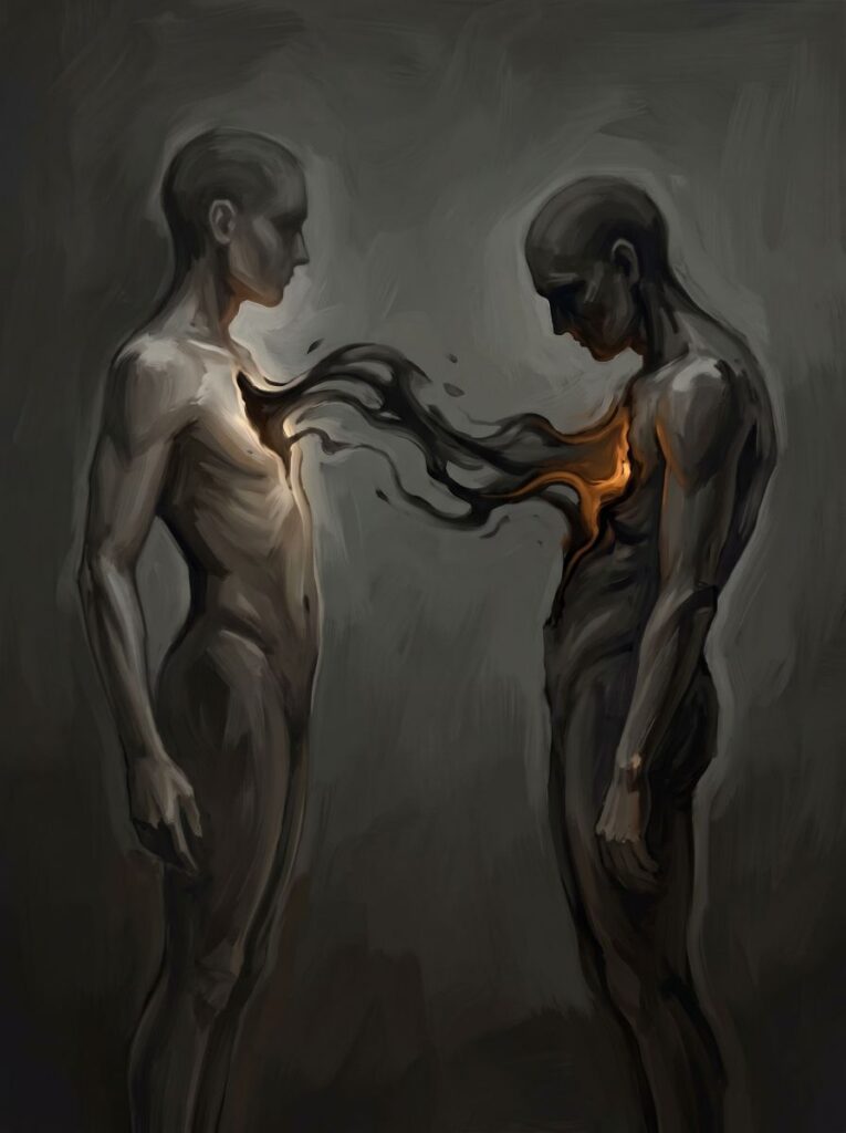 Ilustração expressiva de duas figuras humanas estilizadas onde uma sombra se desprende do peito de uma e se fixa na outra