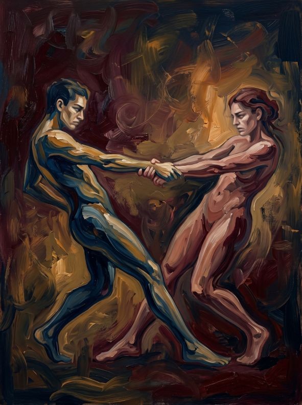 Ilustração expressiva de duas figuras andróginas dançando em direções opostas em fundo vinho e ocre