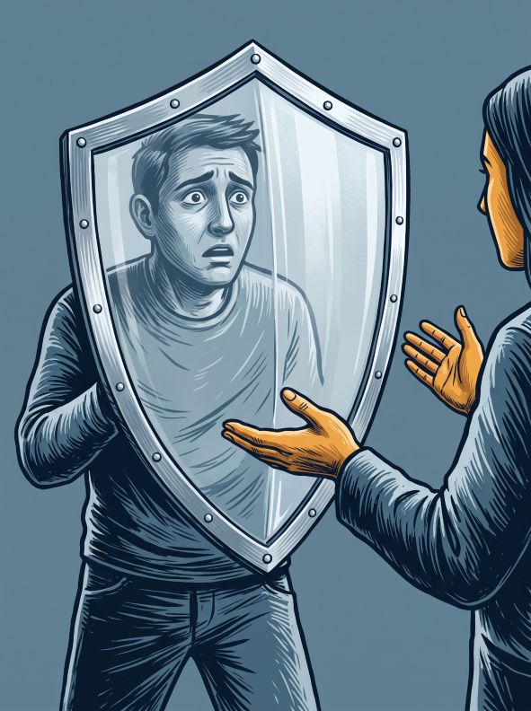 Ilustração de figura humana com escudo de vidro translúcido revelando rosto assustado enquanto outra figura estende a mão em gesto de diálogo