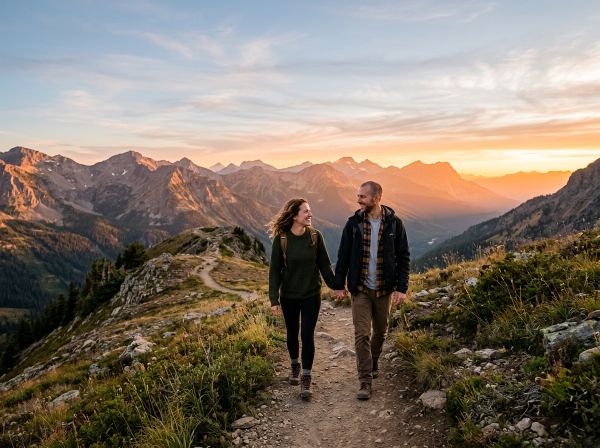 Casal caminhando de mãos dadas ao entardecer durante uma viagem, em tons dourados e quentes, simbolizando reconexão.