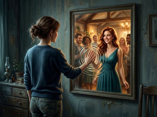 Mulher comum, de roupas simples e cabelo preso, numa sala modesta, estende a mão para um espelho onde se vê refletida elegante, radiante e feliz, numa casa bonita cercada de pessoas que a amam.
