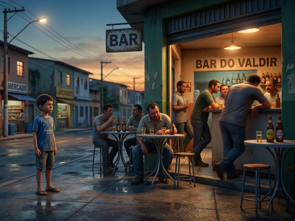 Menino de uns dez anos parado na calçada, com expressão tensa e triste, olhando para dentro de um boteco de esquina onde homens bebem, à procura do pai.