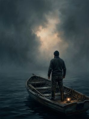 Marinheiro de costas num barco pequeno cercado por névoa densa, água escura abaixo e um clarão suave se abrindo à frente.