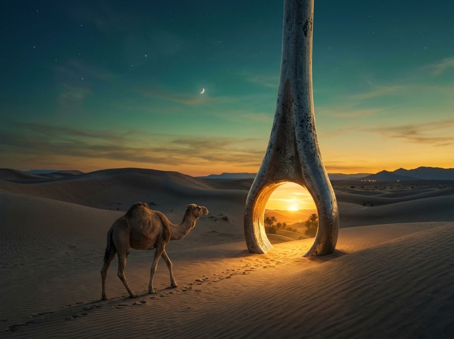 Uma agulha de costura gigante fincada na areia de um deserto ao entardecer, com luz dourada atravessando o fundo; um camelo sem carga se aproxima com calma.