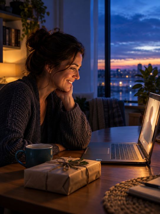 Pessoa sorrindo durante uma videochamada à mesa de casa, com um presente embrulhado ao lado, luz dourada da tela contrastando com o entardecer azul na janela