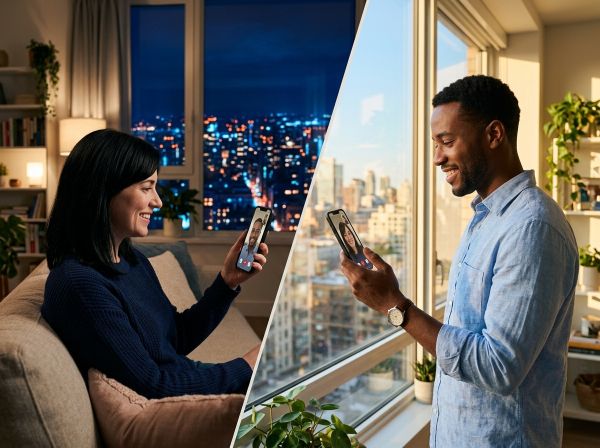 Composição dividida mostrando duas pessoas em fusos horários diferentes conversando ao telefone, um lado em noite com luzes da cidade, o outro em dia ensolarado.